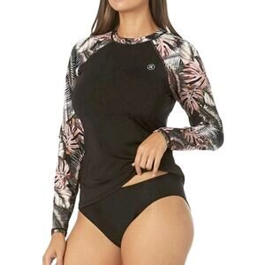 Hurley One Piece Rash Guard Set L/XL Black Floral Long Sleeve SPF 50+ Swim Suit